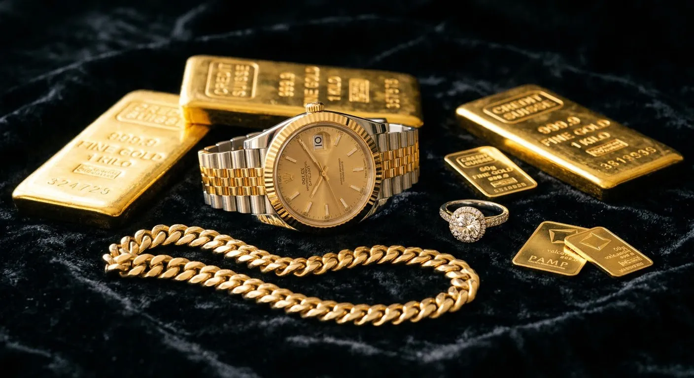 金塊・ロレックス・喜平ネックレス・ダイヤリングの集合写真